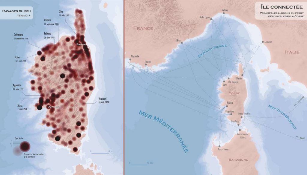 Carte des feux de forêt Corse France avec contexte Corse